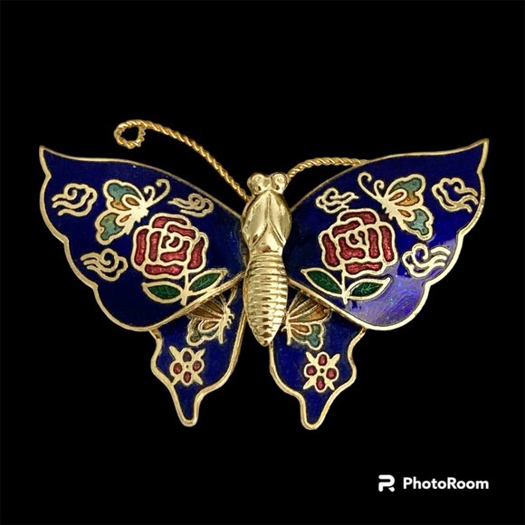 Vintage Cloisonne Butterfly Brooch Pin Flowers Blue Enamel Gold Plated Taiwan - Picture 3 of 12